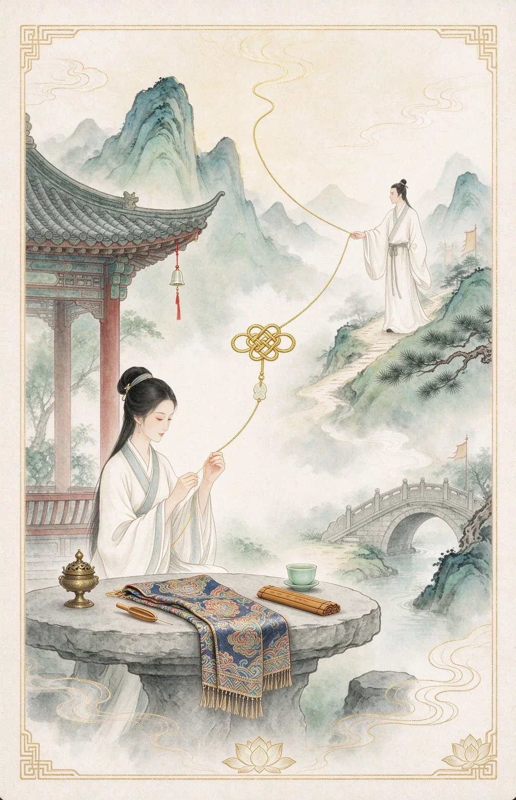 Chinese-inspired illustration for The Golden Thread (金線相連)